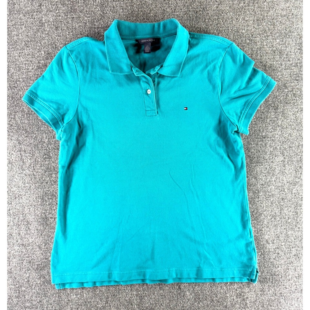 Tommy Hilfiger Womens Short Sleeve Polo Shirt Teal Turquoise Cotton Large L